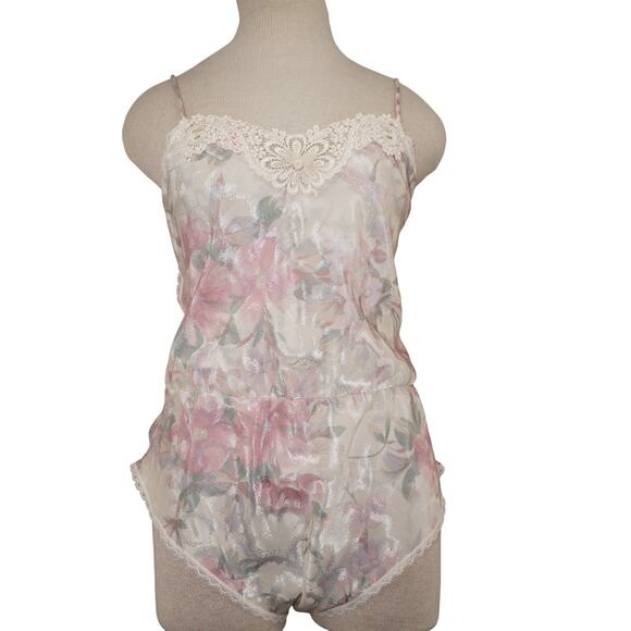 Vintage Lucie Ann II Floral Satin Romper Teddy Lingerie Lace Trim Medium USA - Picture 2 of 7
